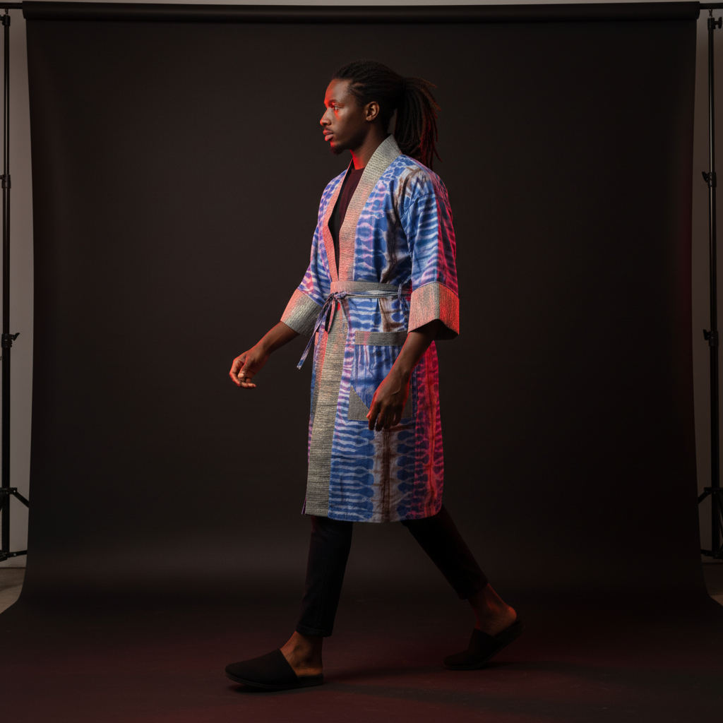 Person wearing a colorful robe walking against a dark background