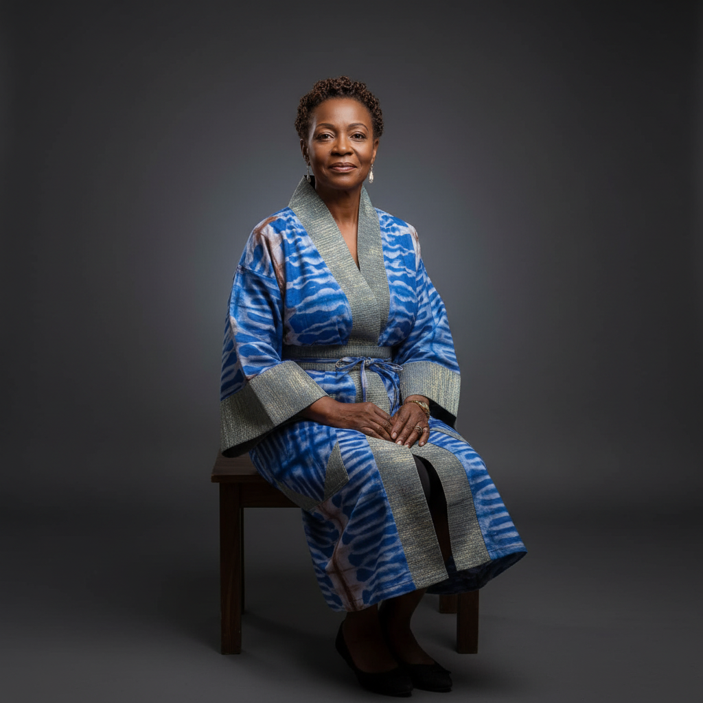 Woman wearing a blue and gray patterned robe sitting on a chair against a dark background