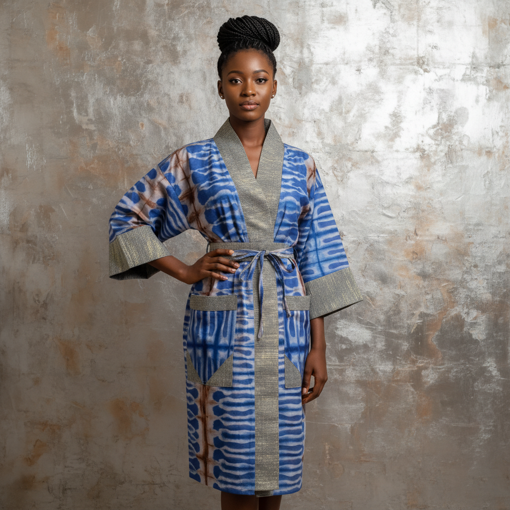 Woman wearing a blue and gray patterned robe against a textured wall.