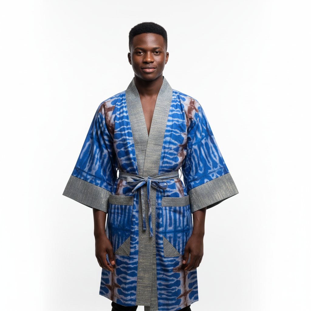 Man wearing a blue and gray patterned robe on a white background