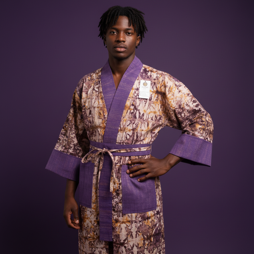 Man wearing a patterned robe with purple accents against a dark background