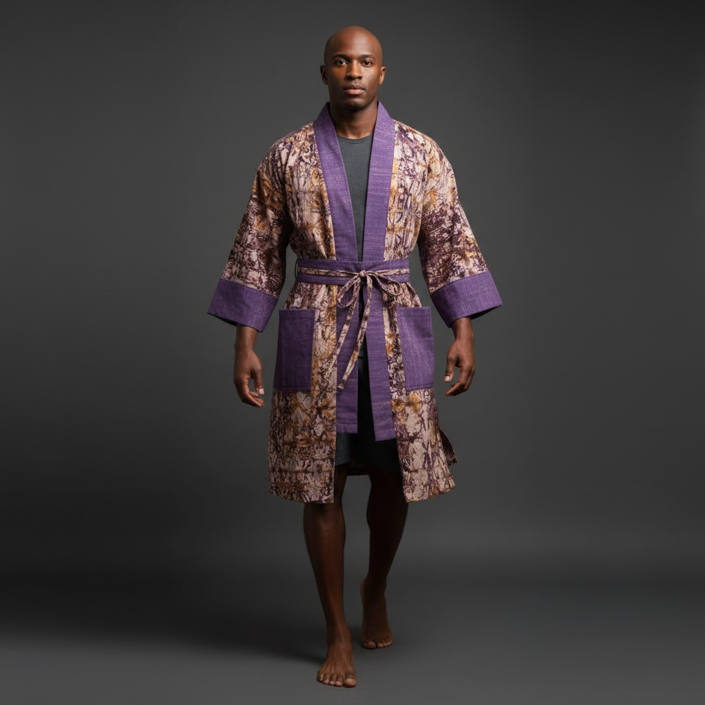 Man wearing a patterned robe with purple accents on a dark background