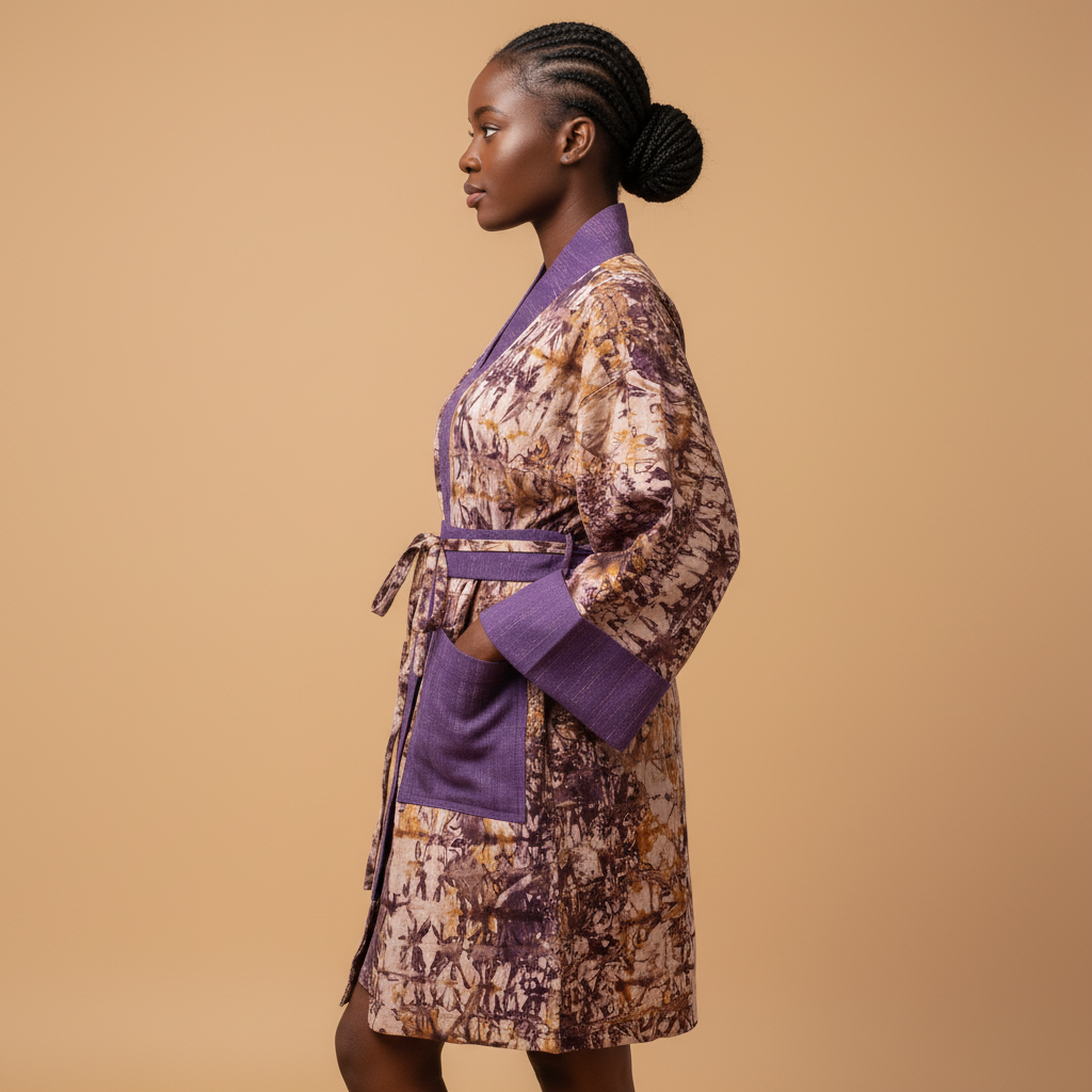 Woman wearing a patterned robe with purple accents on a beige background