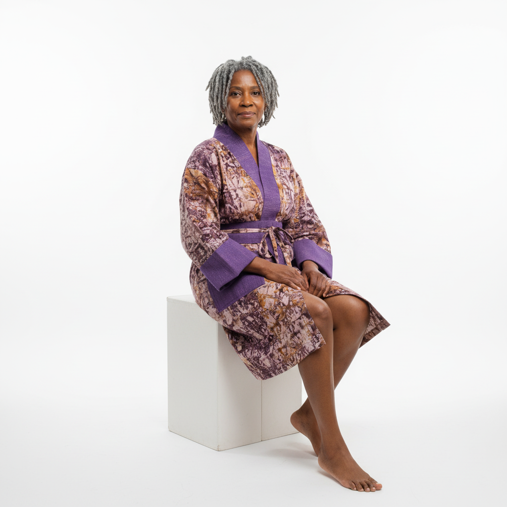 Woman wearing a patterned robe with a purple waistband sitting on a white block against a white background