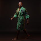 Man wearing a green patterned robe against a black background