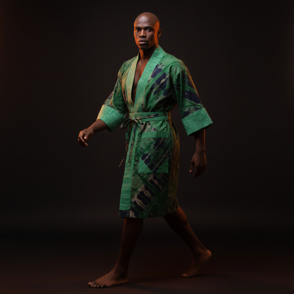 Man wearing a green patterned robe against a black background