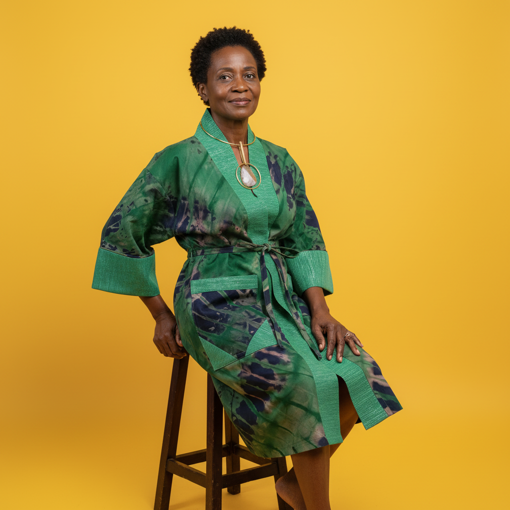 Woman wearing a green and blue patterned robe against a yellow background