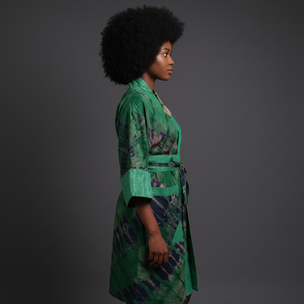 Woman wearing a green patterned dress against a gray background