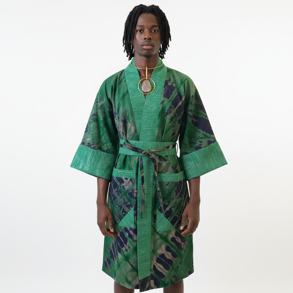 Person wearing a green and navy patterned robe on a white background