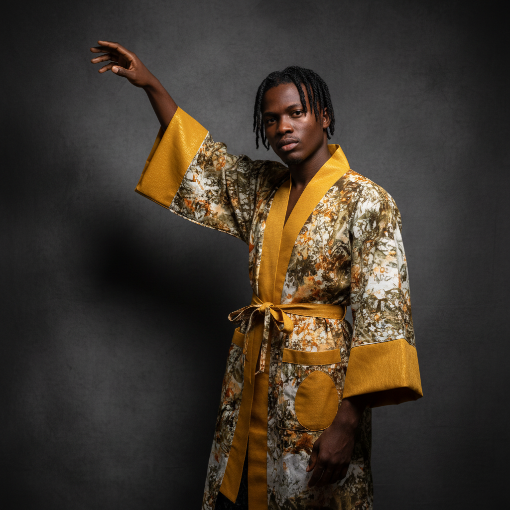 Person wearing a patterned robe with yellow accents against a dark background