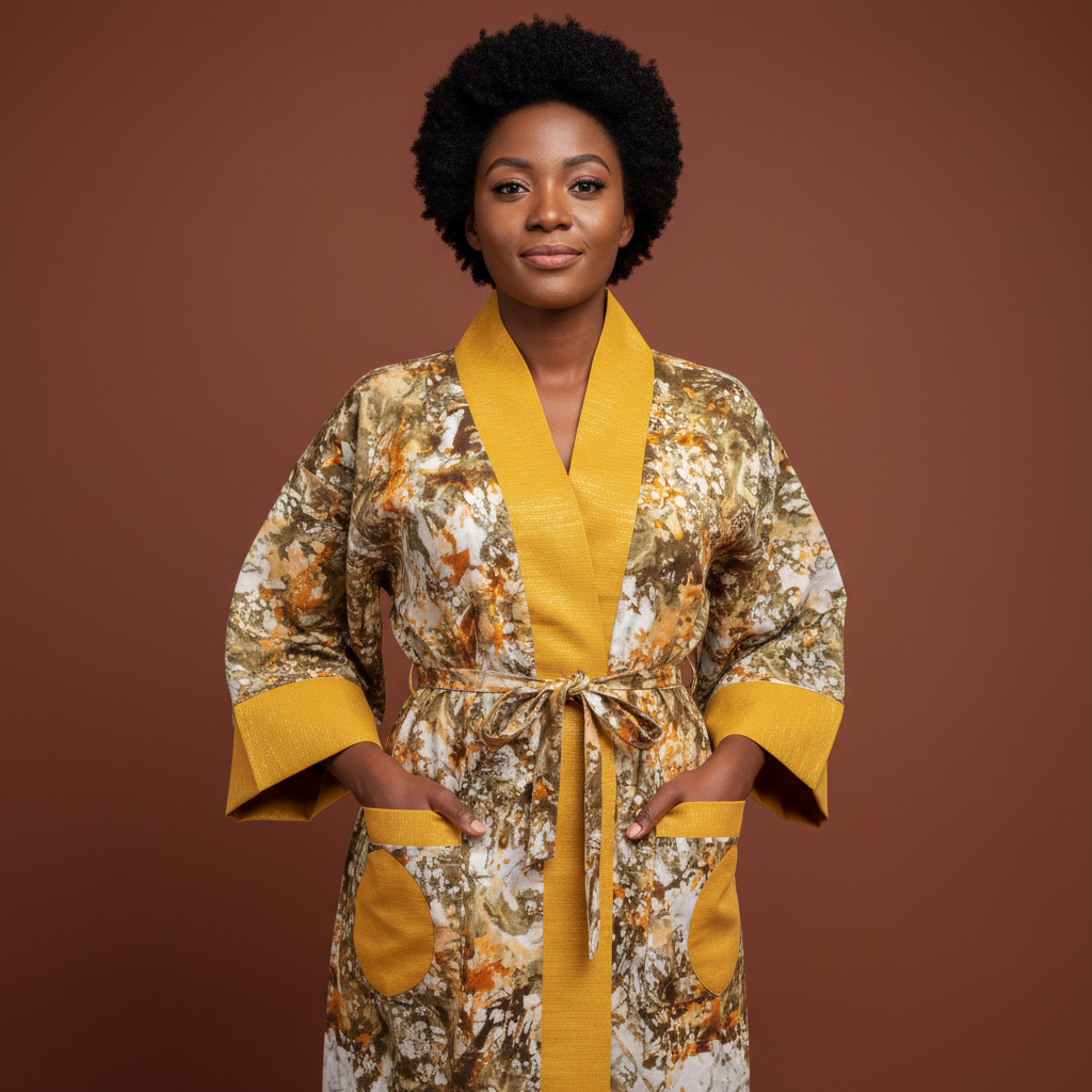 Woman wearing a floral kimono-style robe with yellow accents against a brown background
