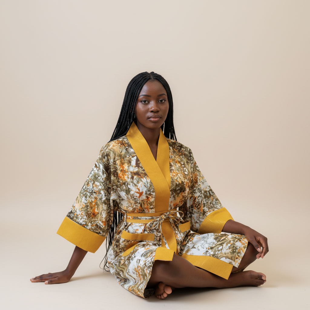 Woman wearing a gold and yellow kimono-style outfit on a beige background