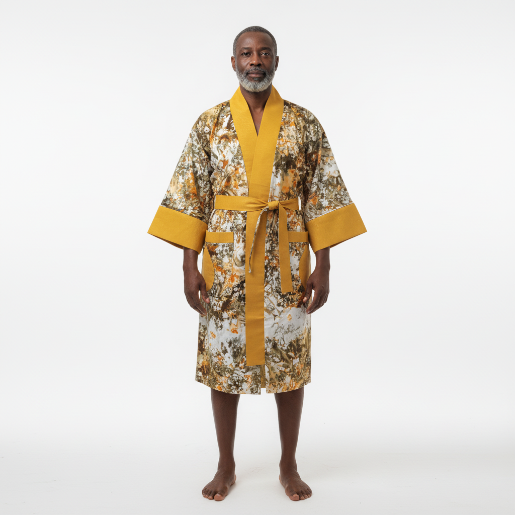 Man wearing a floral robe with yellow accents on a white background