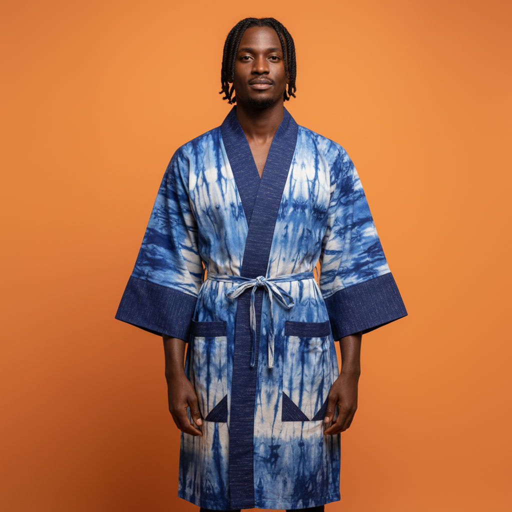 Man wearing a blue tie-dye robe against an orange background