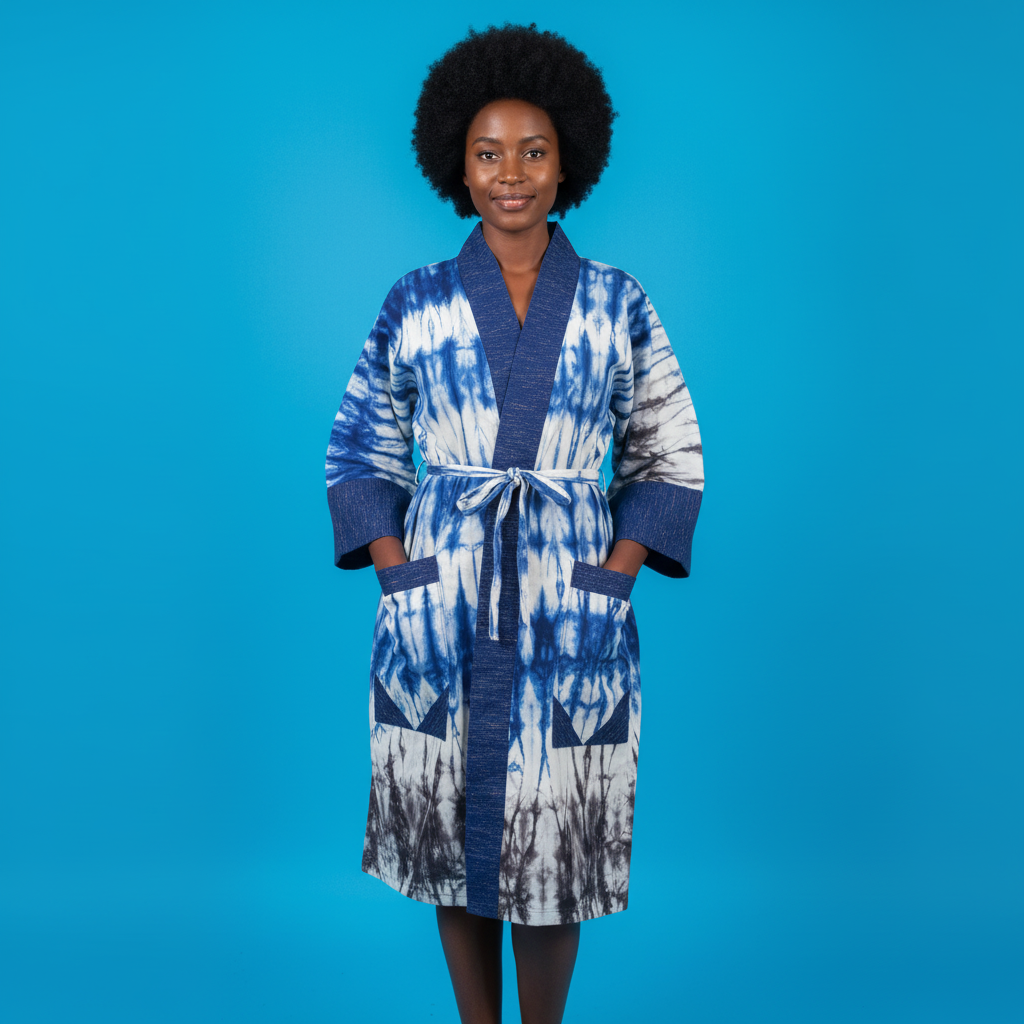 Woman wearing a blue and white tie-dye robe against a blue background
