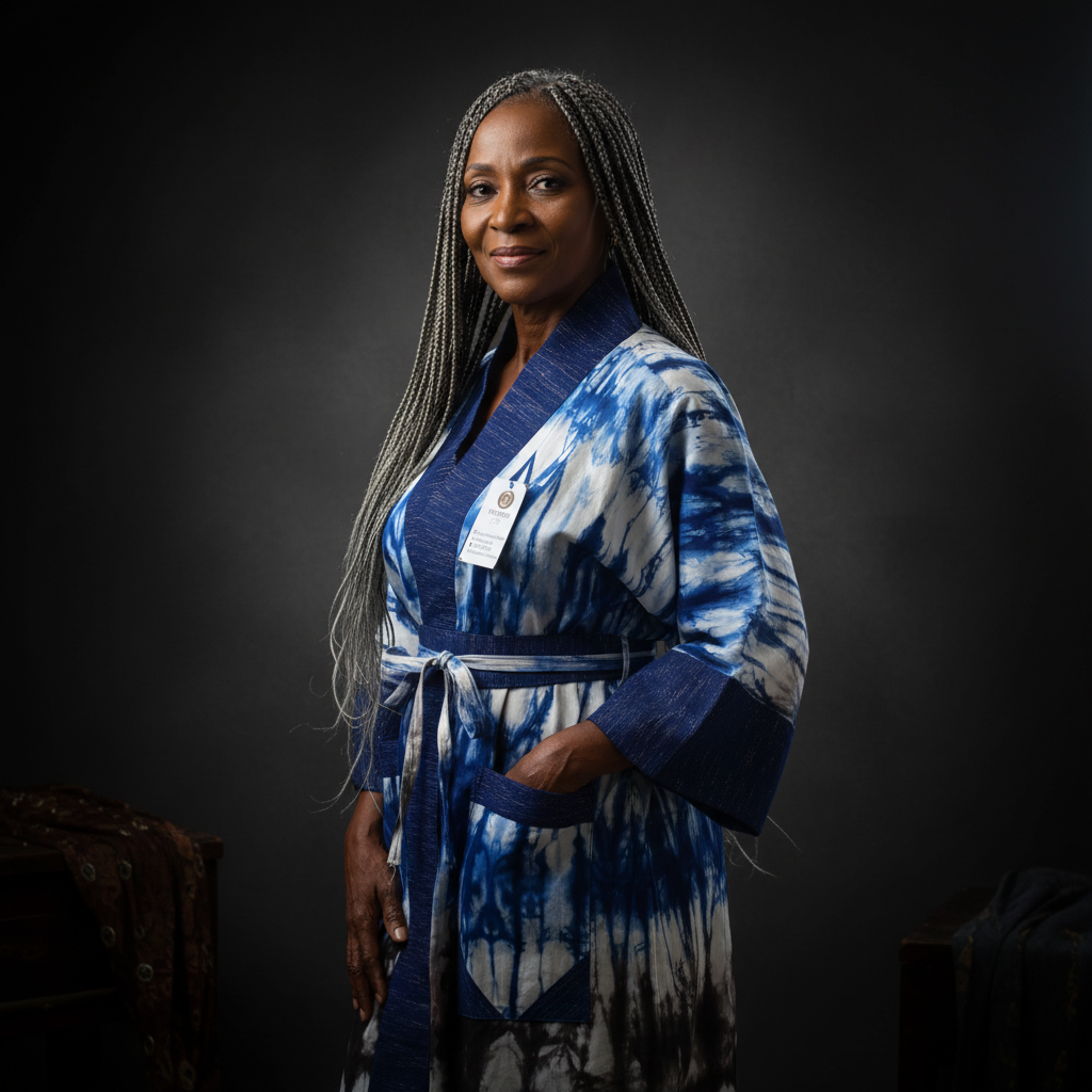 Woman wearing a blue tie-dye robe against a black background
