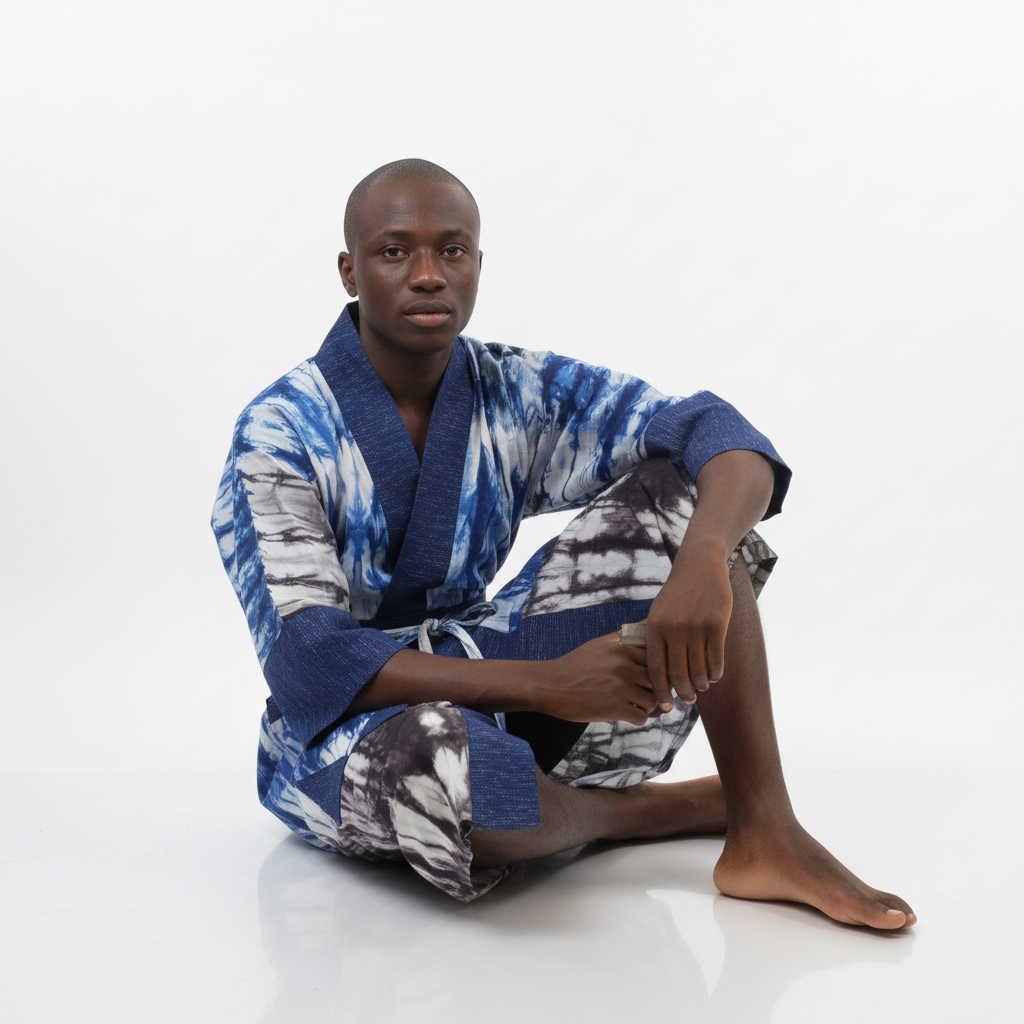 Man wearing a blue and white patterned robe sitting on a white floor.