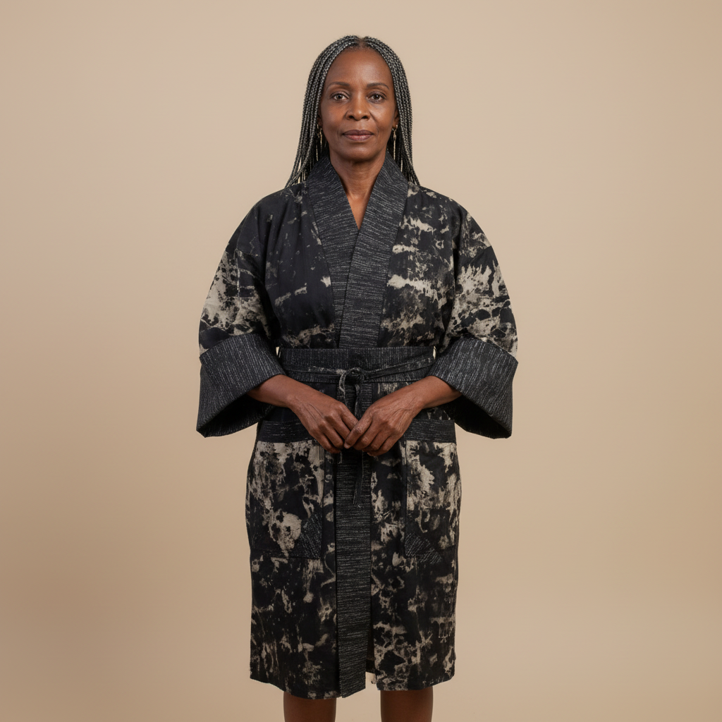 Woman wearing a black and white patterned robe against a beige background