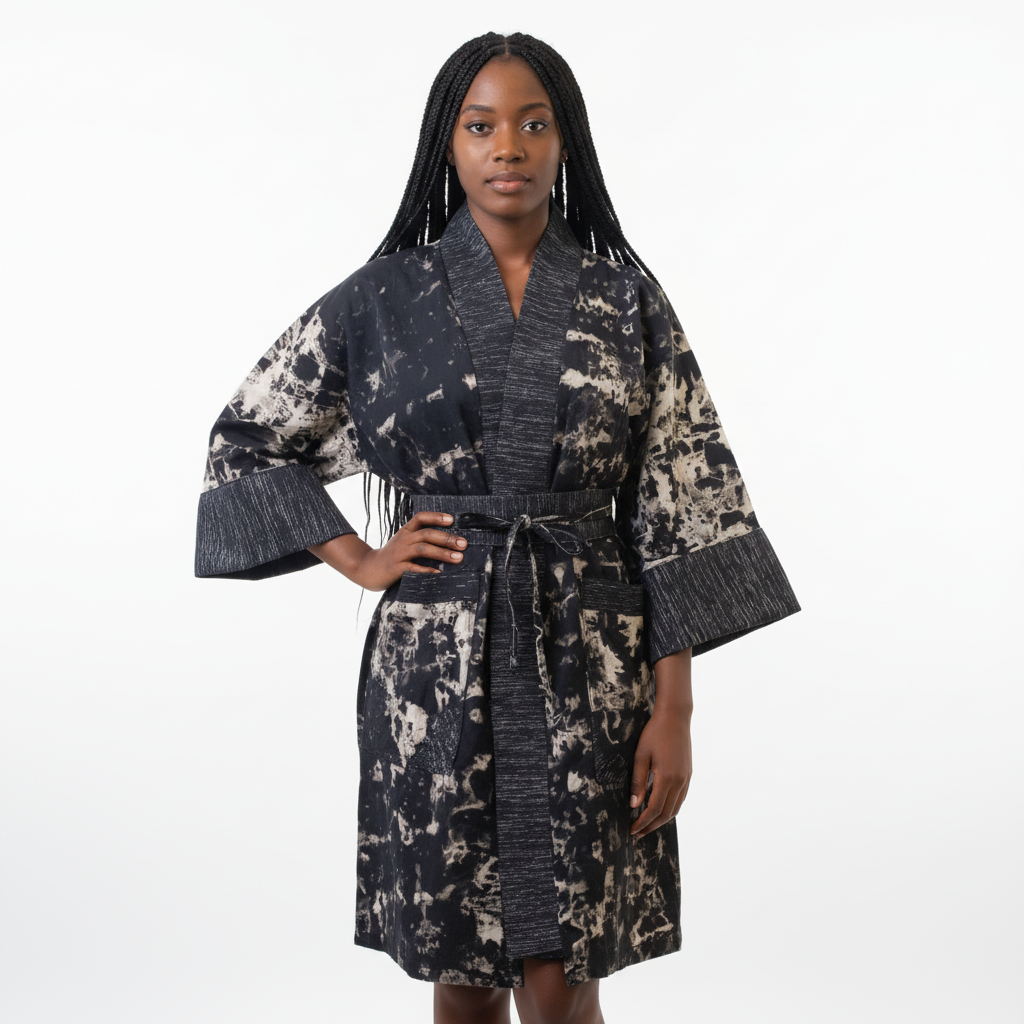 Woman wearing a patterned robe on a white background