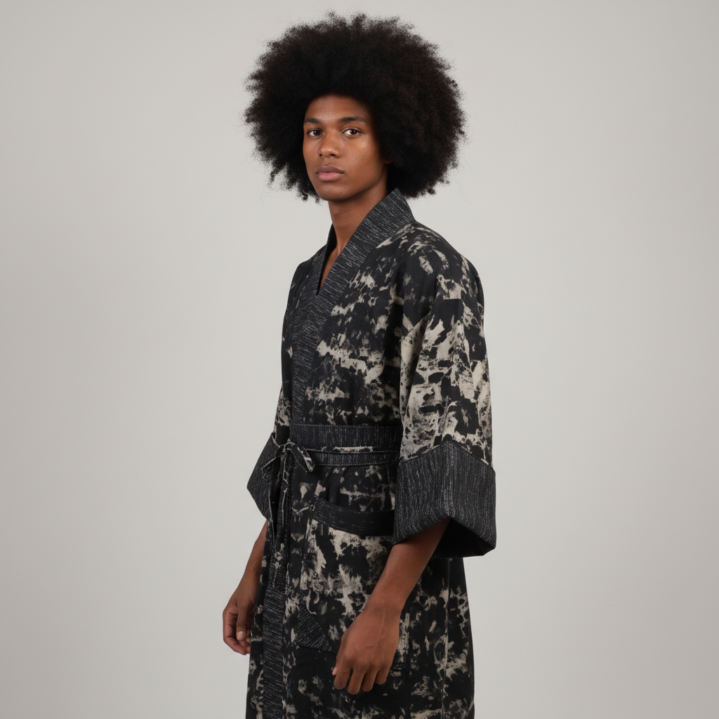 Person wearing a black and white patterned robe against a plain background