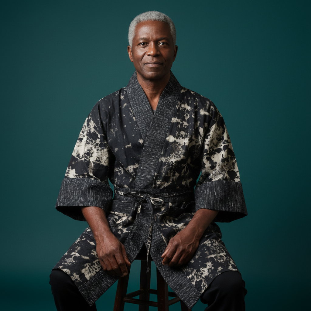 Man wearing a dark patterned robe against a teal background