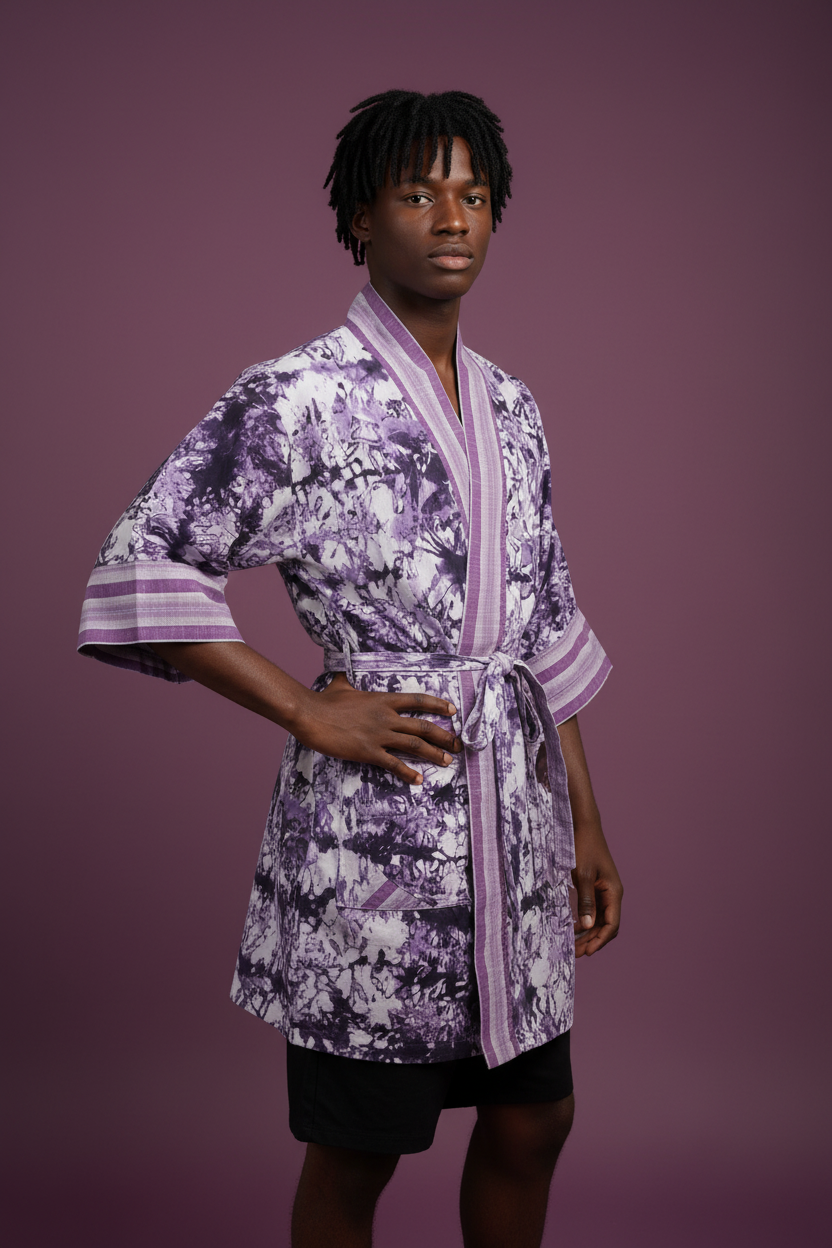 Person wearing a purple floral kimono against a purple background
