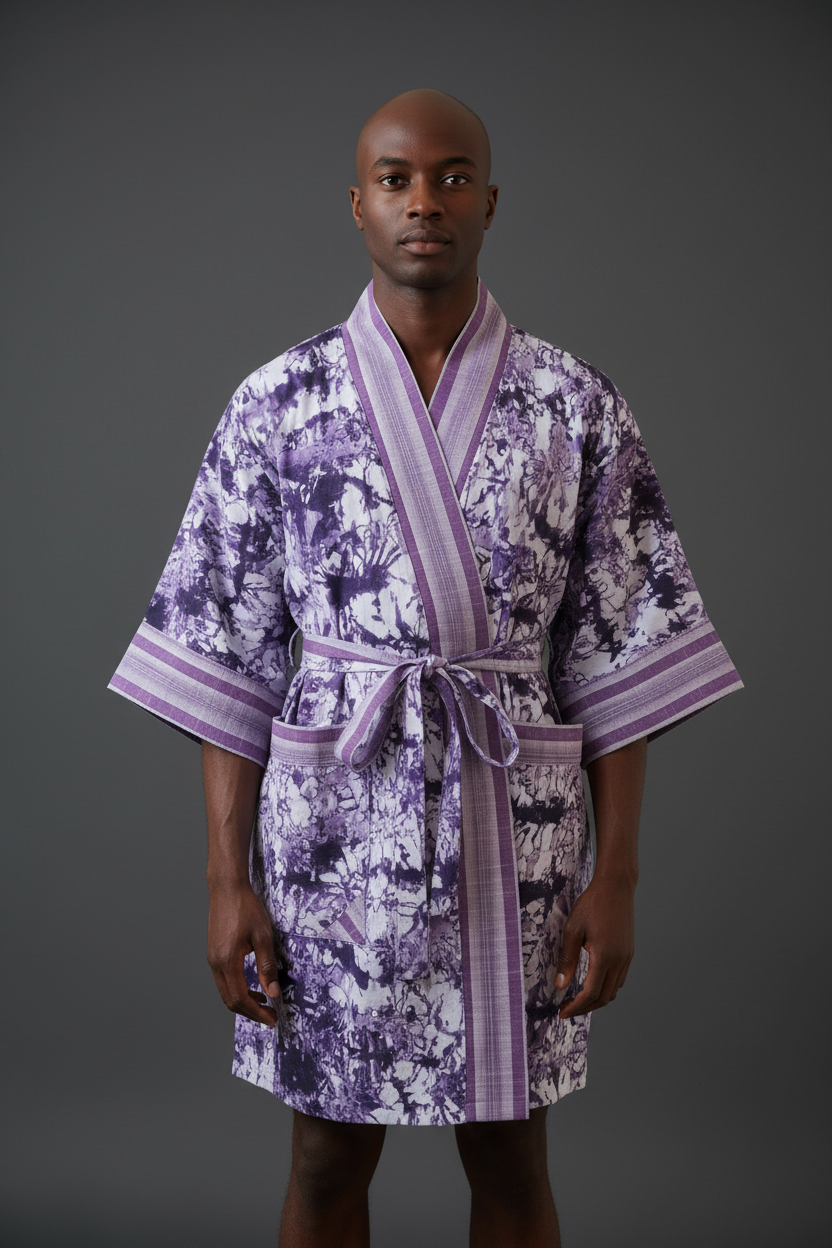 Man wearing a purple floral patterned robe against a gray background