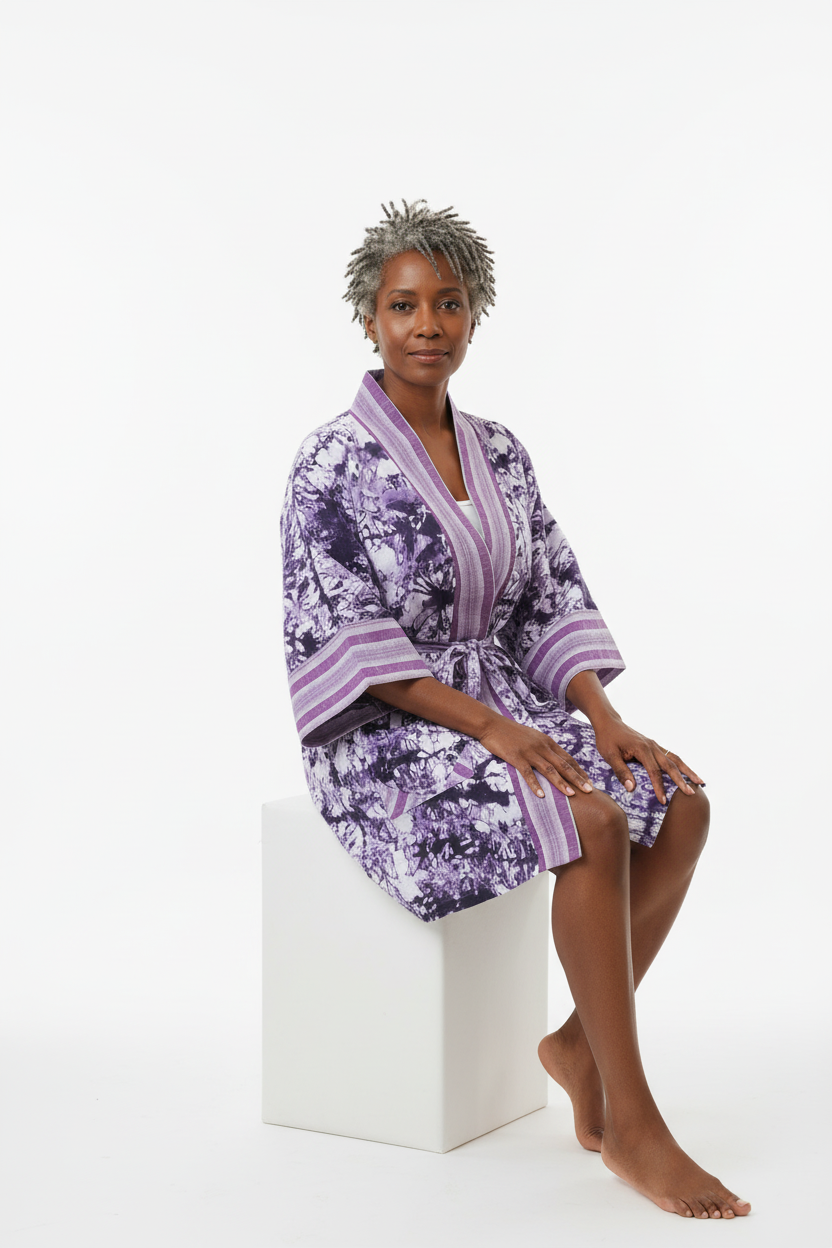 Woman wearing a purple floral kimono sitting on a white block against a white background