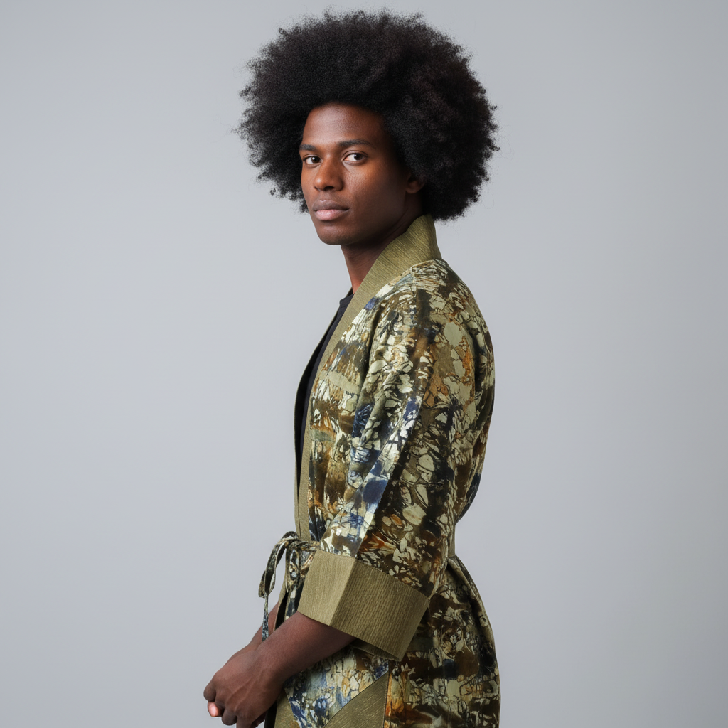 Person wearing a patterned jacket against a gray background