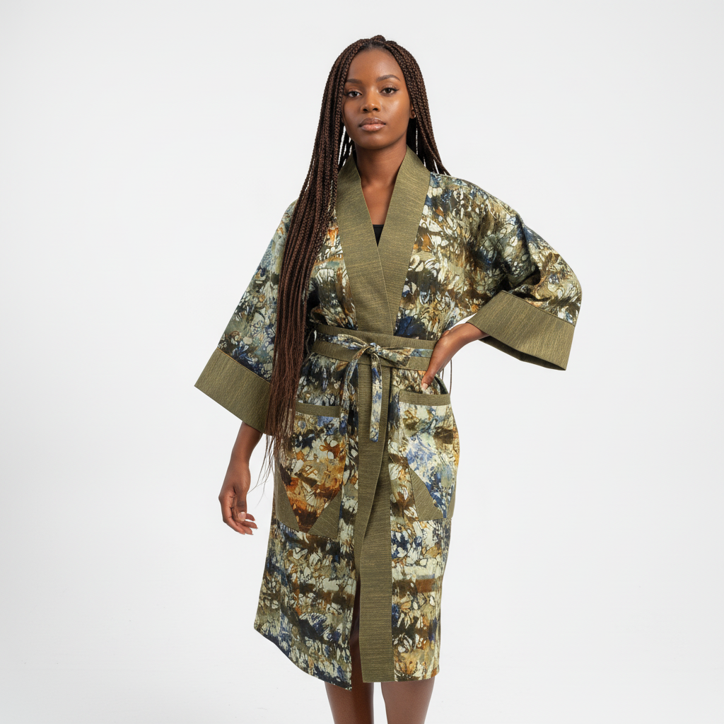 Woman wearing a floral kimono-style robe on a white background