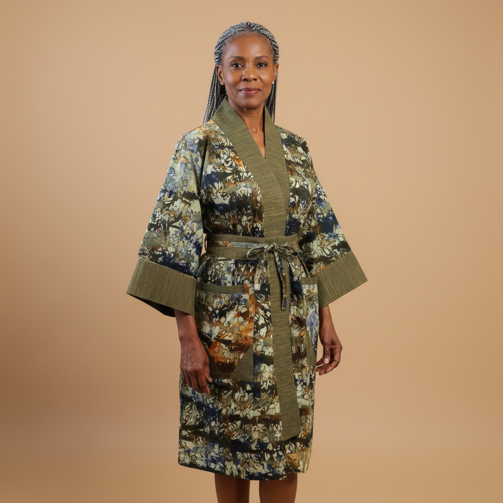 Woman wearing a patterned robe against a beige background