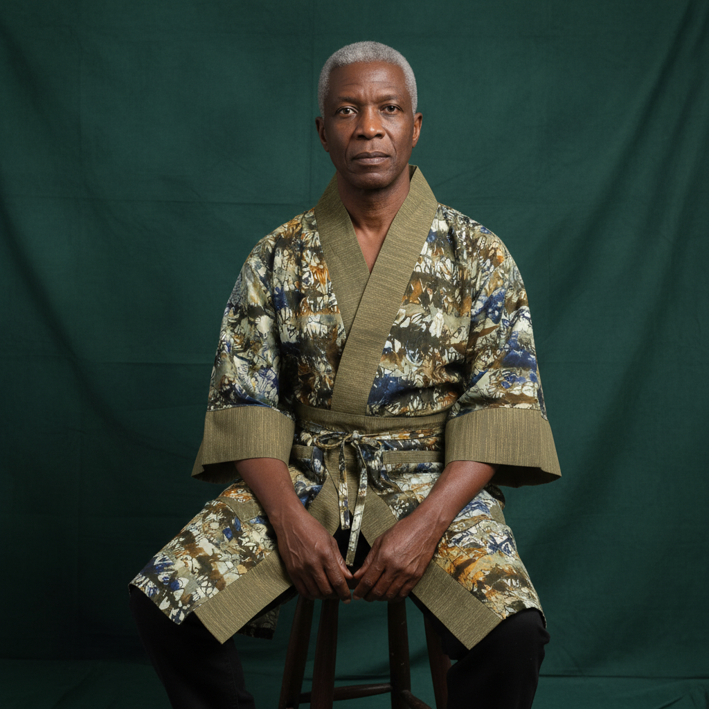 Man wearing a traditional martial arts uniform sitting on a stool against a green backdrop