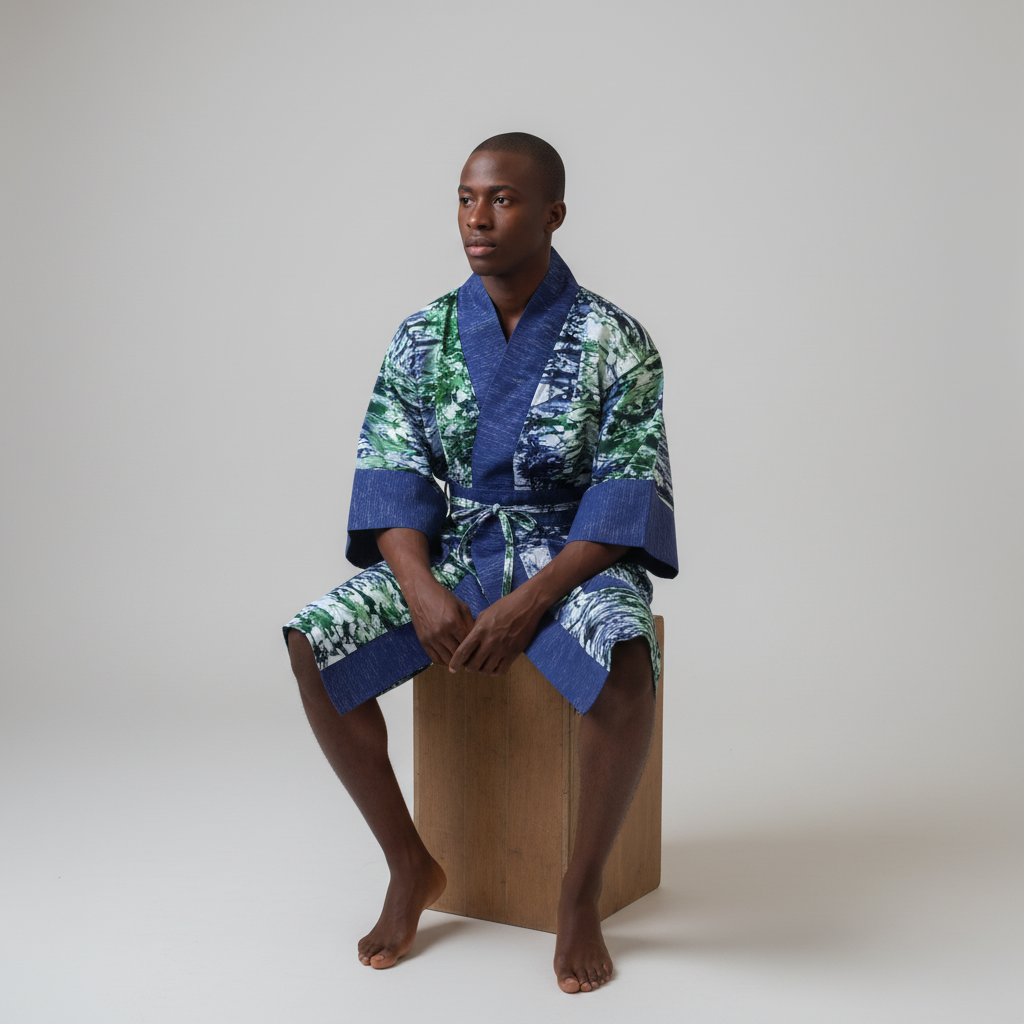 Man wearing a blue and green patterned robe sitting on a wooden box against a plain background