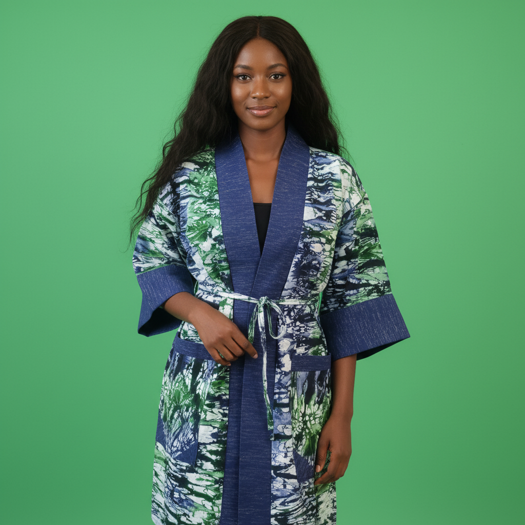 Woman wearing a patterned robe against a green background