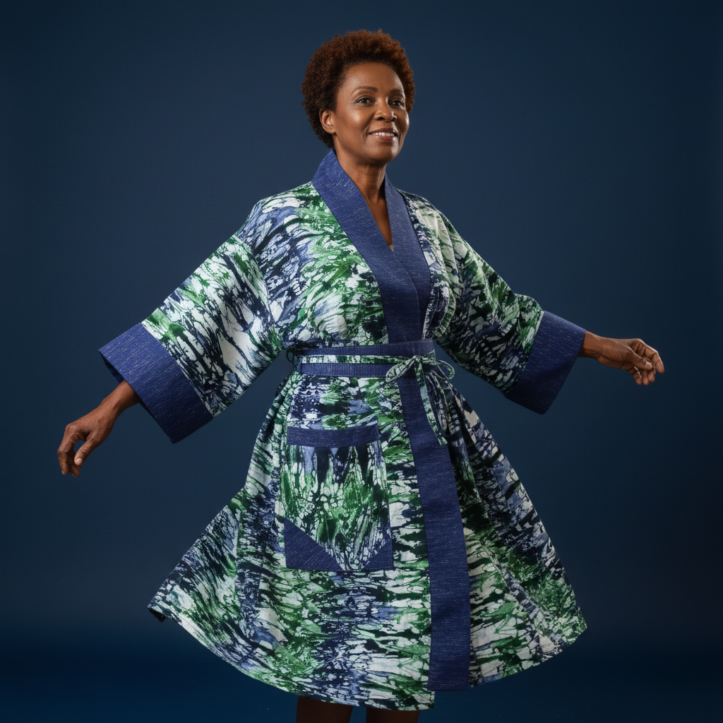 Woman wearing a patterned robe against a dark background
