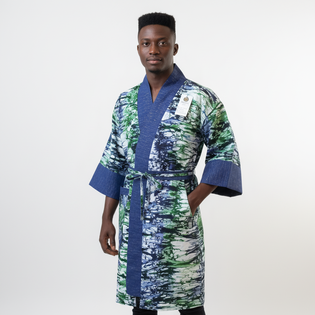 Man wearing a blue and green patterned robe on a white background