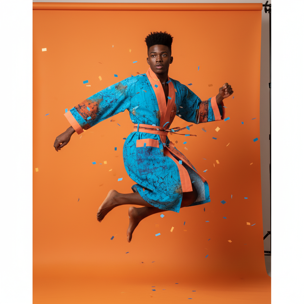 Person in a blue robe with orange accents jumping against an orange background