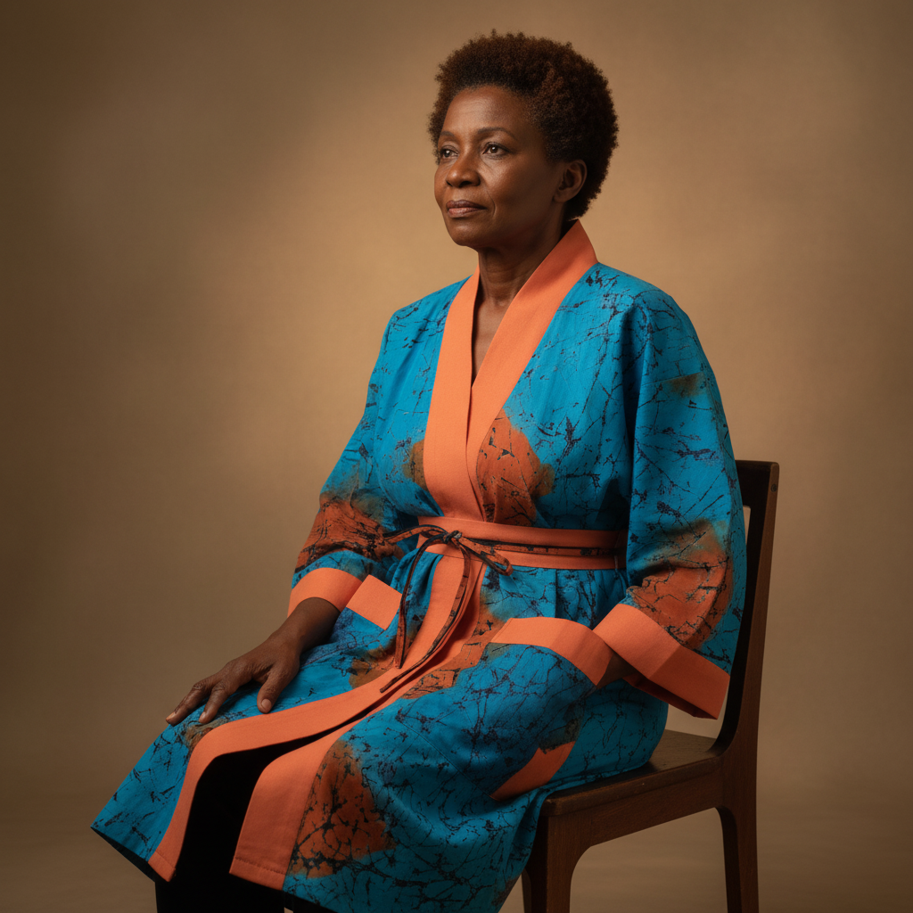 Woman wearing a blue and orange robe sitting on a chair against a brown background