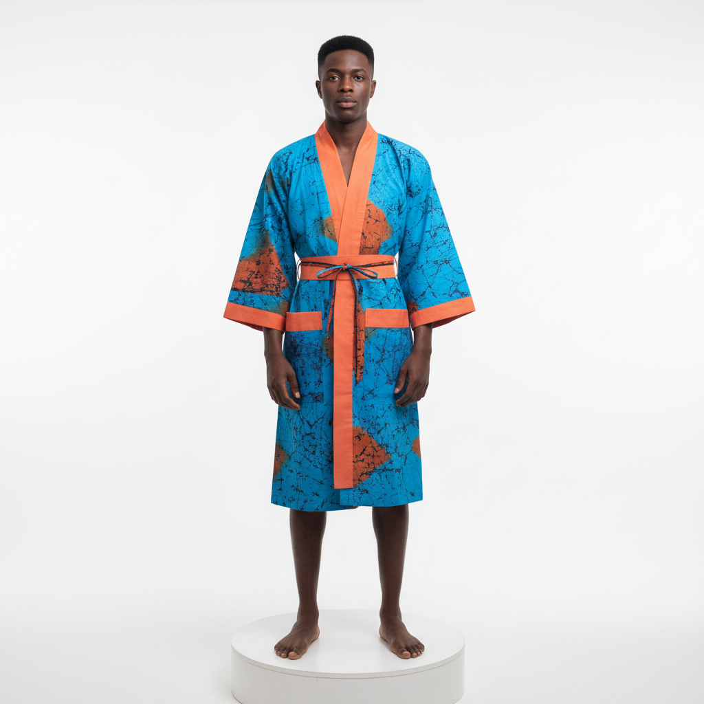 Man wearing a blue and orange patterned robe on a white background