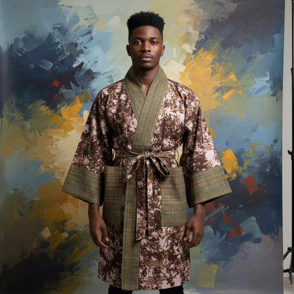 Man wearing a patterned robe against a colorful abstract background