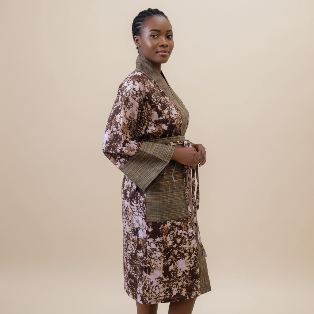 Woman wearing a patterned dress with a plain background