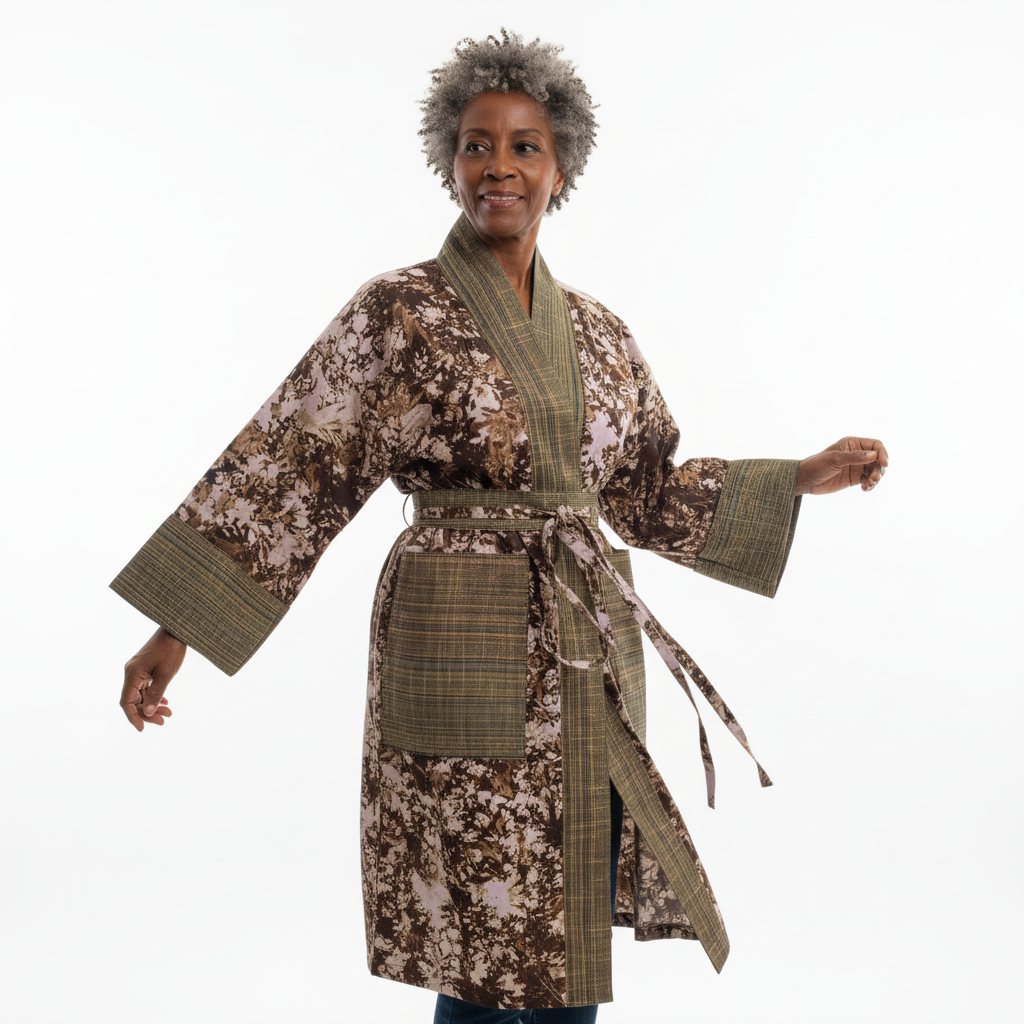 Woman wearing a patterned robe on a white background