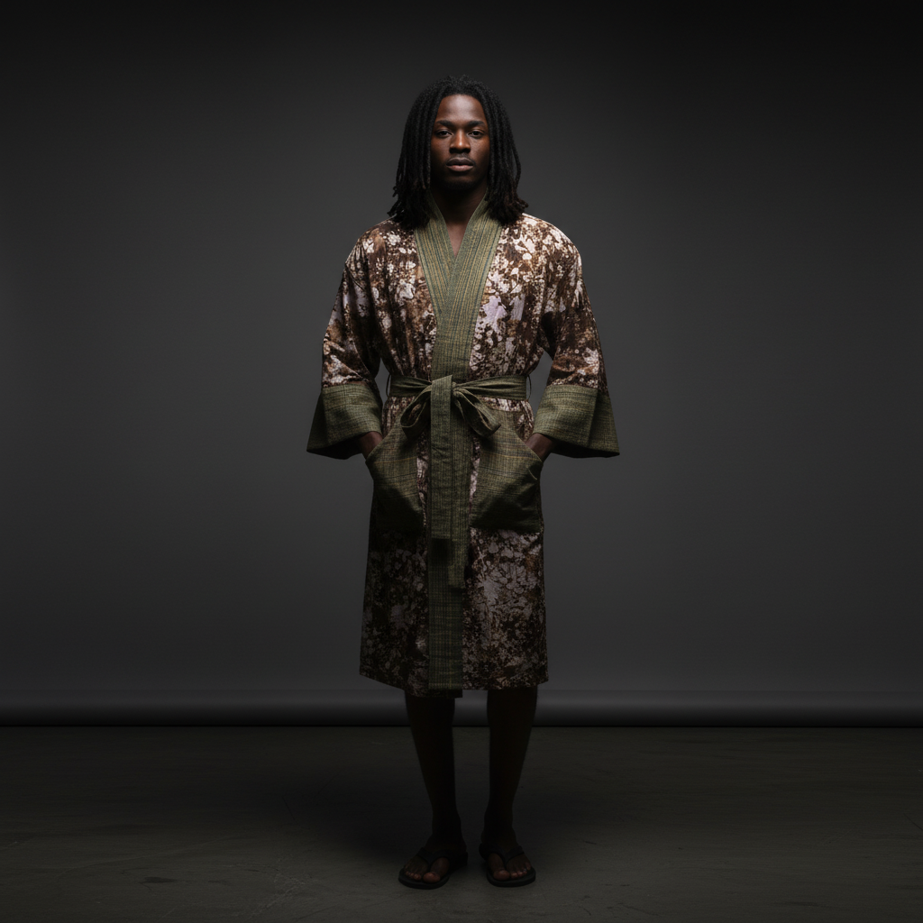 Person wearing a patterned robe against a dark background