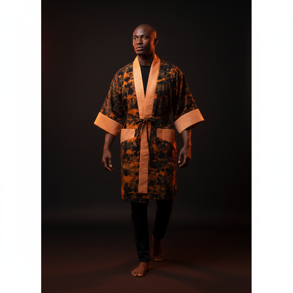 Man wearing a patterned robe with a belt against a dark background