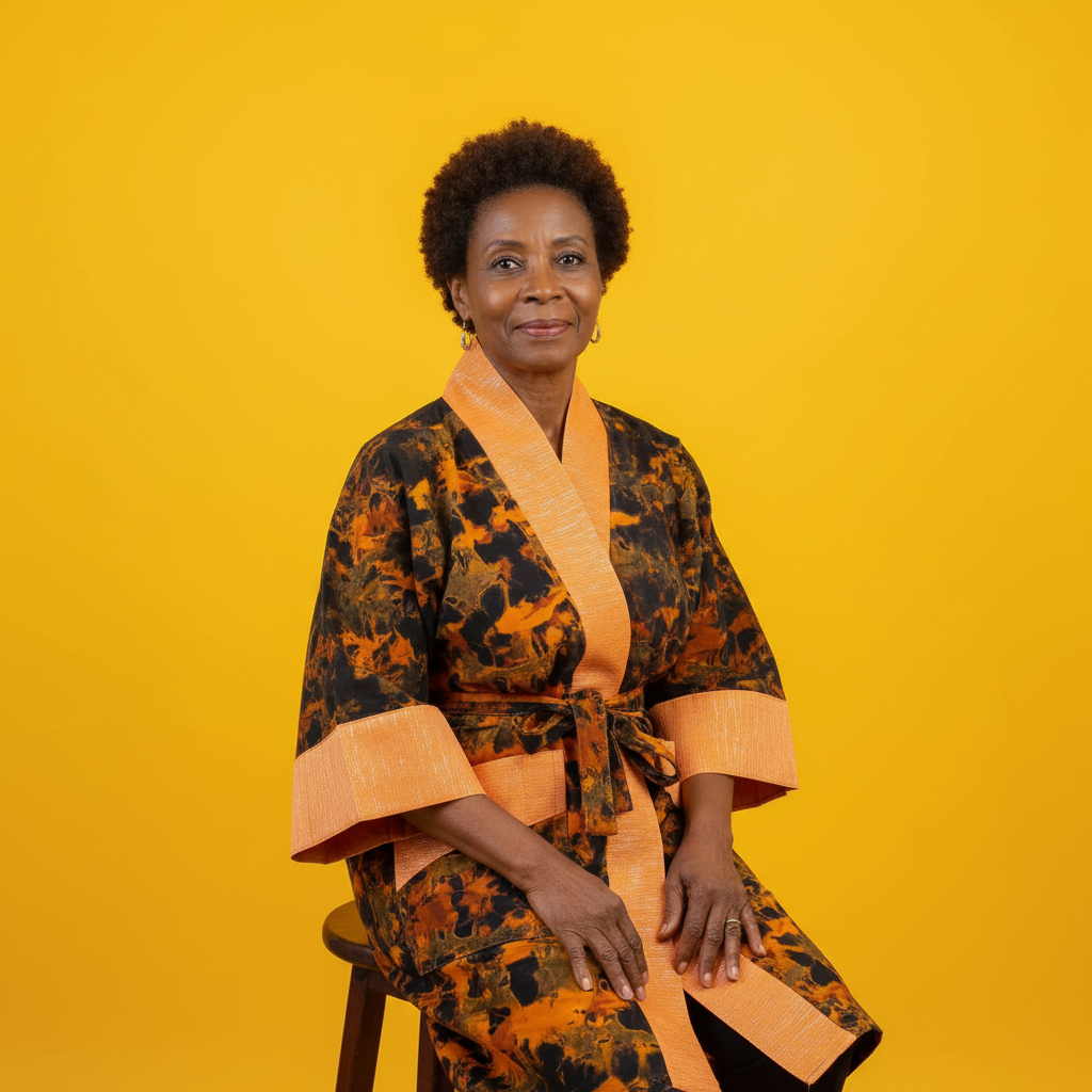 Woman wearing a patterned kimono against a yellow background