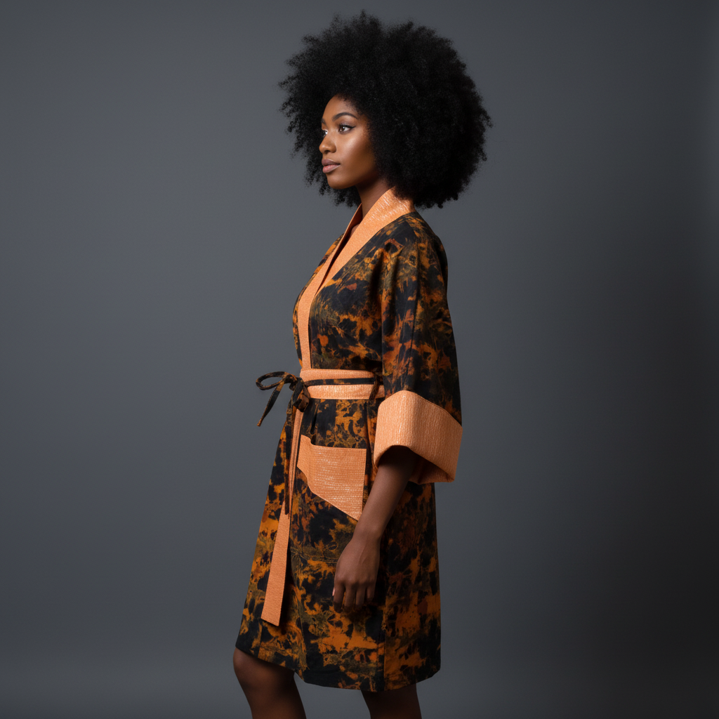 Woman wearing a patterned robe against a gray background