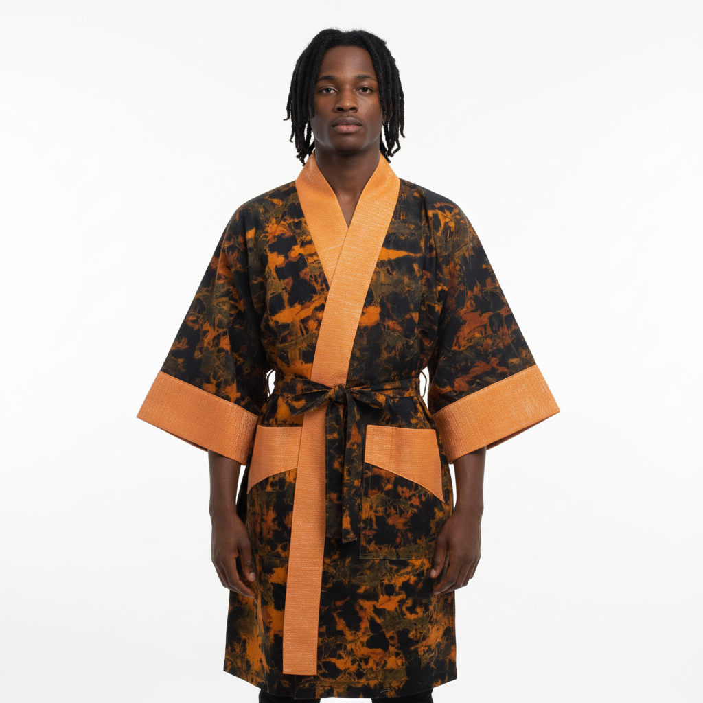 Person wearing a patterned robe with orange accents on a white background