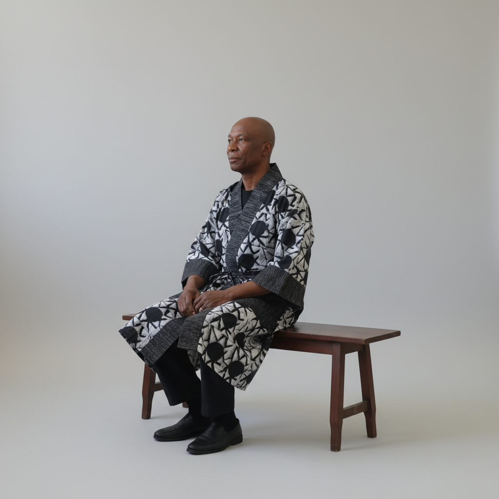 Man sitting on a wooden bench wearing a patterned robe against a plain background