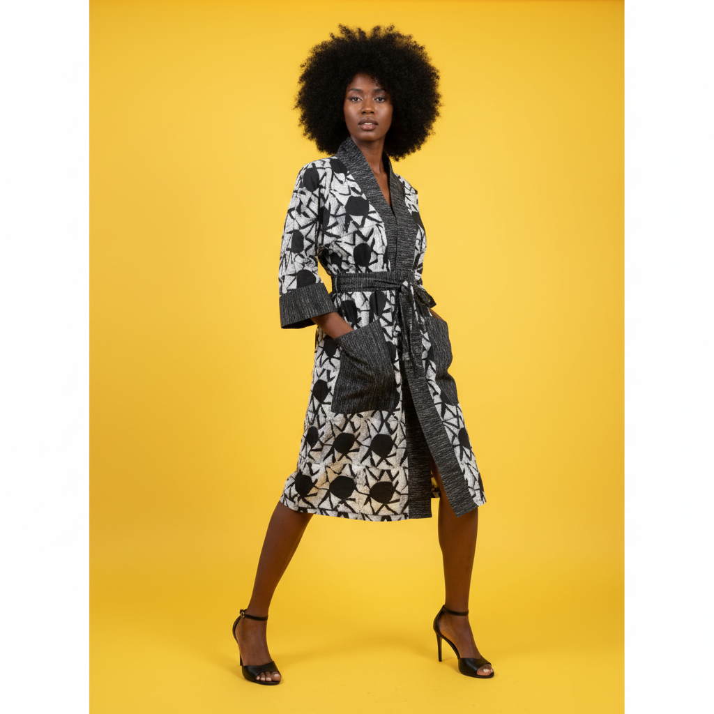 Woman wearing a patterned dress with a belt against a yellow background