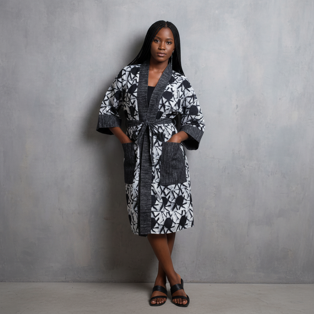 Woman wearing a patterned robe against a gray background